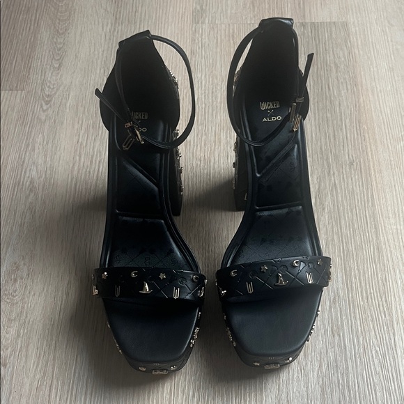 Aldo x Wicked Take Flight Black Gold Vegan Leather Platform Heels - Picture 5 of 9